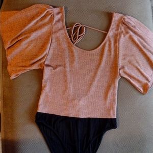 Backless Bronze Metallic Flutter Sleeve Bodysuit